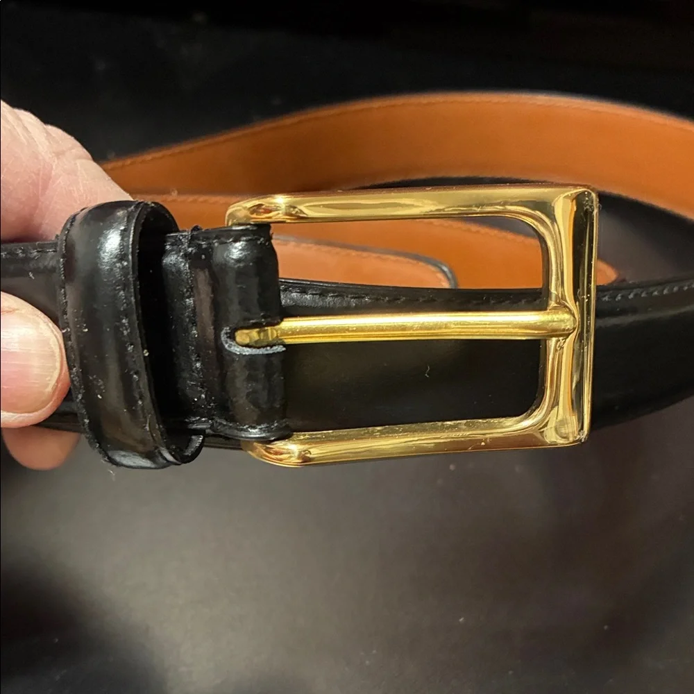 Men's vintage Black Leather Belt with Gold Buckle